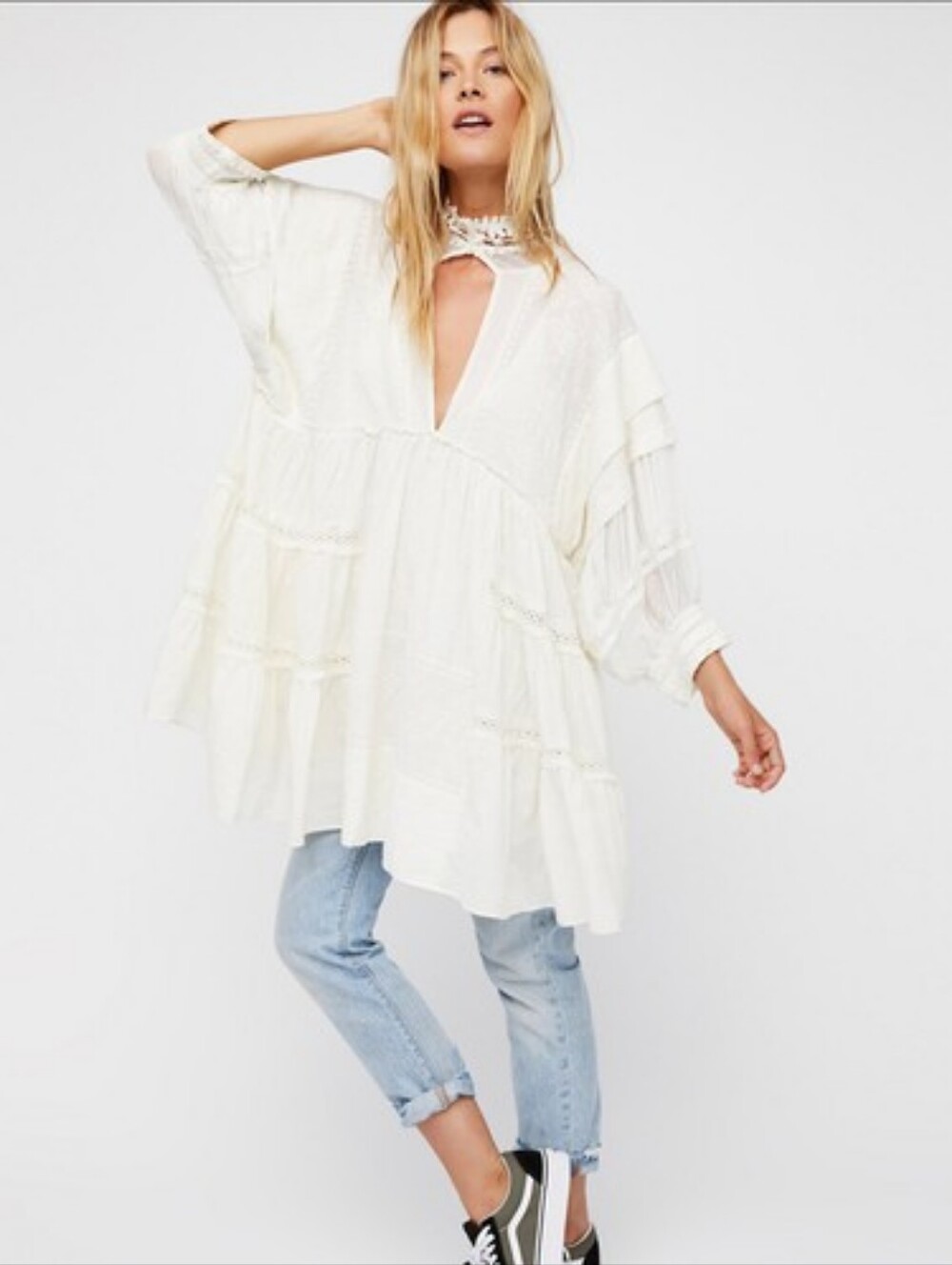 Free People Heartbreaker Dress - Boho White Lace High Neck Tunic Dress - Picture 6 of 10